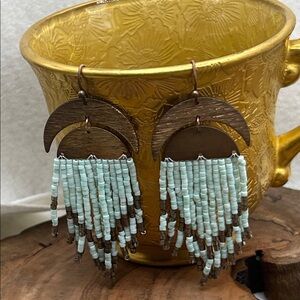 Moon Phase Brass Glass Beaded Fringe Dangle Earrings Handwoven Gold Seafoam Boho